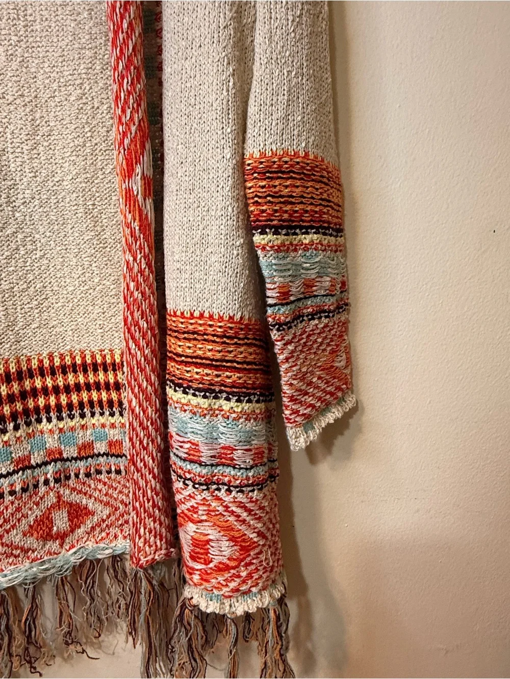 ADORA Cream Sweater Cardigan with Orange Multicolor Trim and Fringe